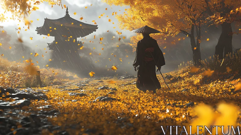 Lone samurai walks autumn forest path toward distant shrine