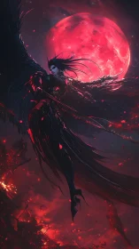 Bloodmoon raven seraph ascends through burning midnight skies.