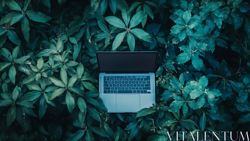 Laptop computer placed in dense green foliage outdoors.