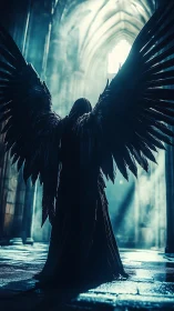 Dark seraph silhouette under ethereal cathedral backlight.