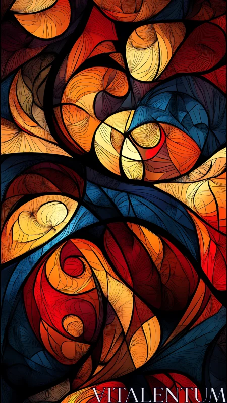 Swirling ember petals over deep cobalt currents abstracted.