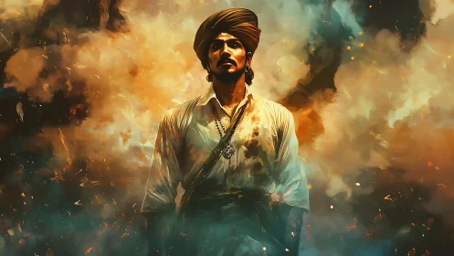 Heroic turbaned warrior emerging through burning clouds.