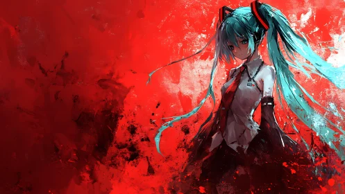 Cyan twin‑tailed figure in turbulent crimson digital field.