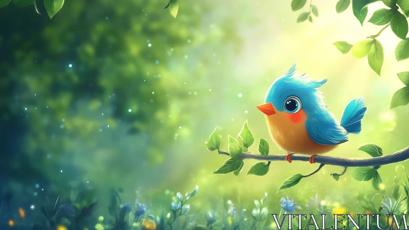 Cute Blue Cartoon Bird on Branch in Lush Sunlit Forest Background.