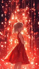 Girl in red dress under cascading glowing lights at night.