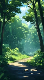 Sunlit Forest Path Through Verdant Canopy with Stream.