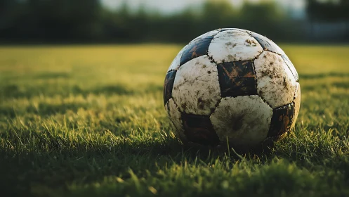 Weathered soccer ball resting on sunlit grass field.