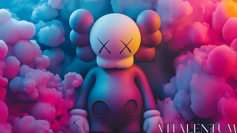 Toy figure stands in neon vapor cloud, pop surreal glow.