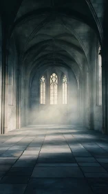 Gothic stone nave with misty light and ribbed vaults.