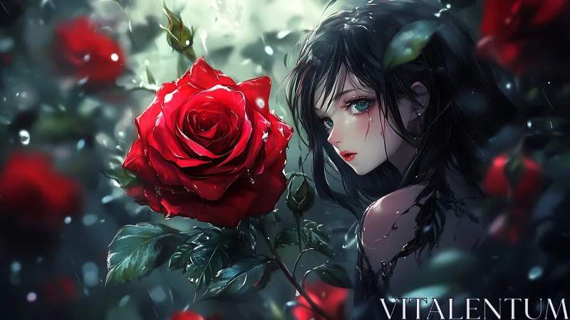 Dark haired girl meets luminous blood red rose in rain
