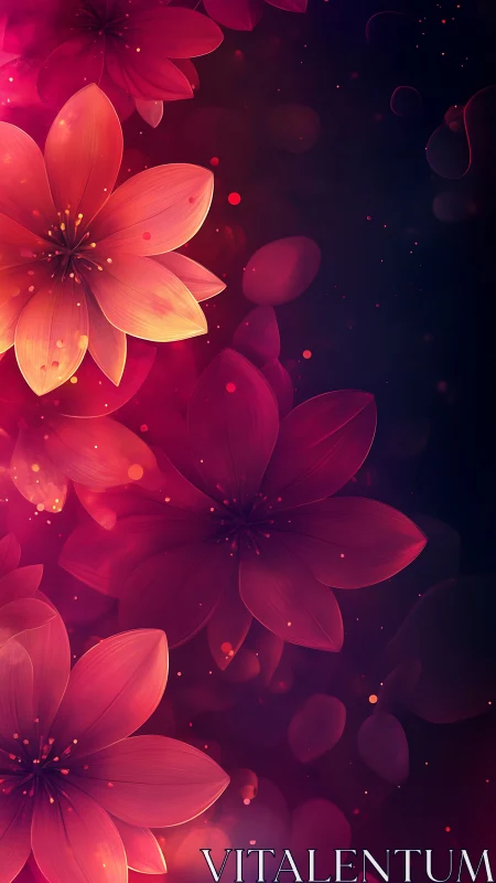 Luminescent Digital Floral Composition with Bokeh Particles and Warm Gradient Transitions