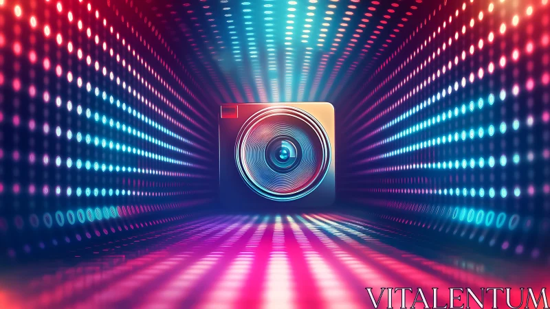 Glowing digital camera icon in a tunnel of neon lights.
