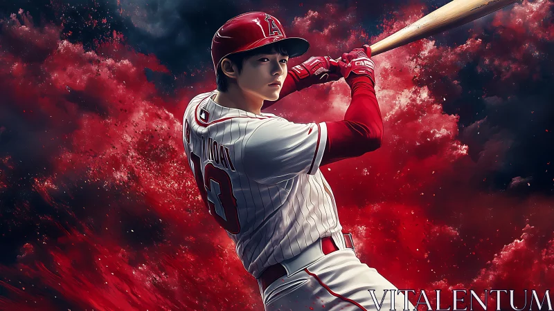 Crimson sky slugger coiled in a storm of painted sparks.