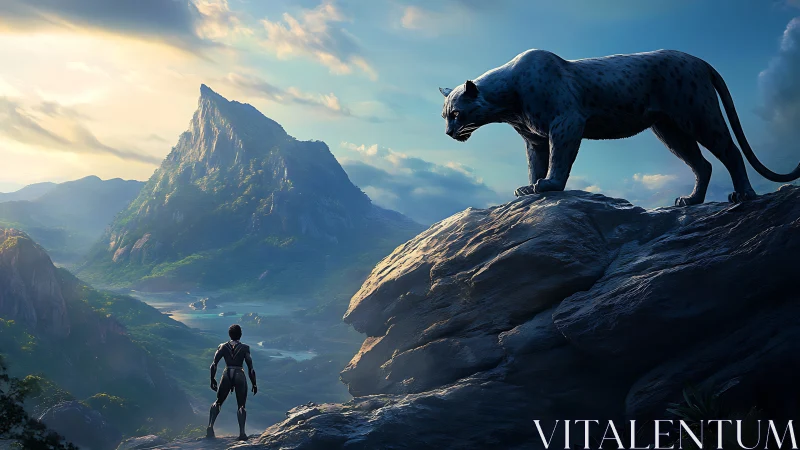 Warrior confronts panther above mountain valley.