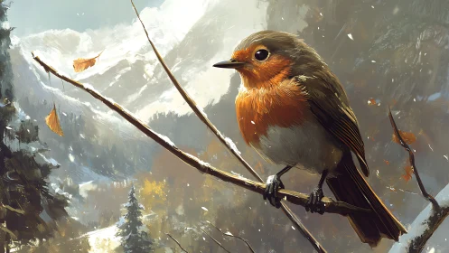 European robin on branch in snowy mountain landscape, digital painting.