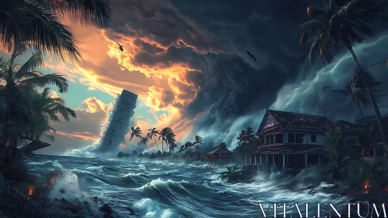 Coastal houses face massive storm surge and tilted tower