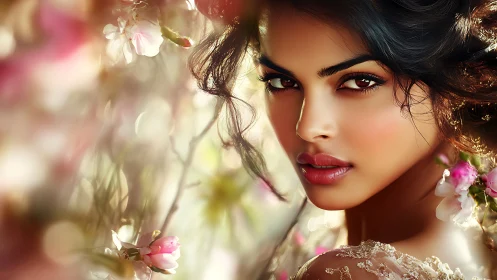 Soft spring gaze meets glowing blossoms in gentle light