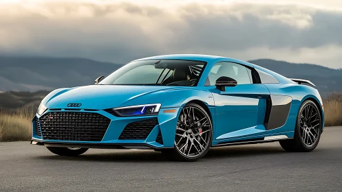 Electric blue Audi supercar under moody mountain sky.