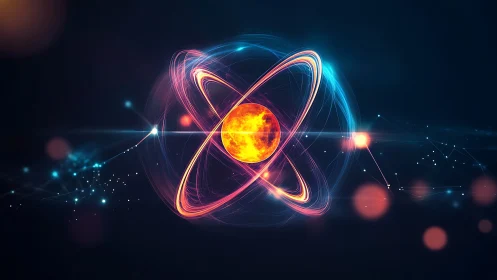 Glowing atomic nucleus radiates energy in a futuristic space