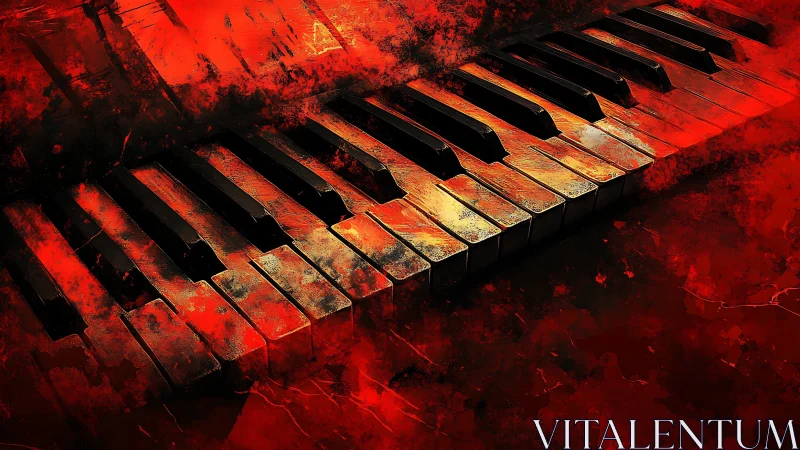 Digital painting of distressed piano keys in red abstraction.