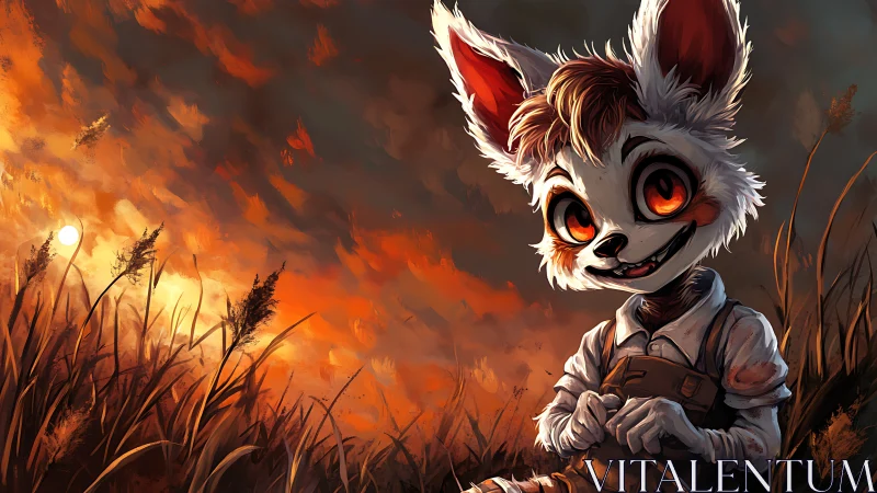 Digital painting of fox-eared child in blazing sunset field.