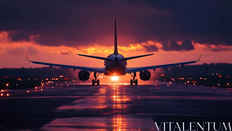 Passenger jet aligns on wet runway during intense sunset glow