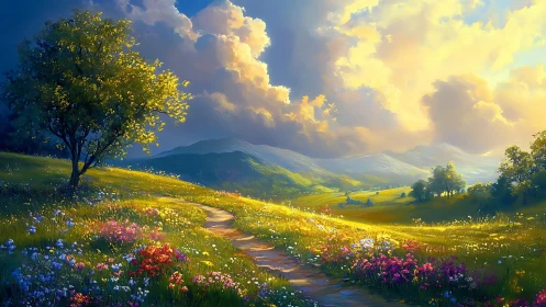 Sunlit valley path with layered clouds and saturated floral meadow