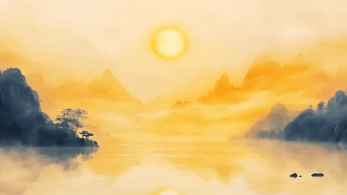 Golden mist sunrise over tranquil ink-washed mountain lake.