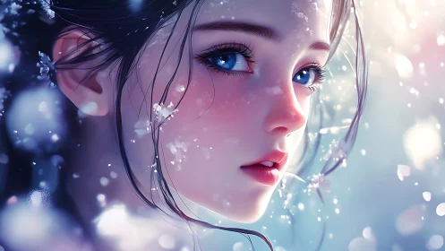 Anime winter close-up portrait with luminous snow bokeh.
