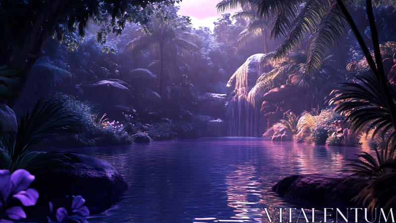 Luminous jungle waterfall over tranquil violet lagoon.