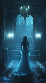 Ghostly bride ascending a misty blue Victorian staircase.