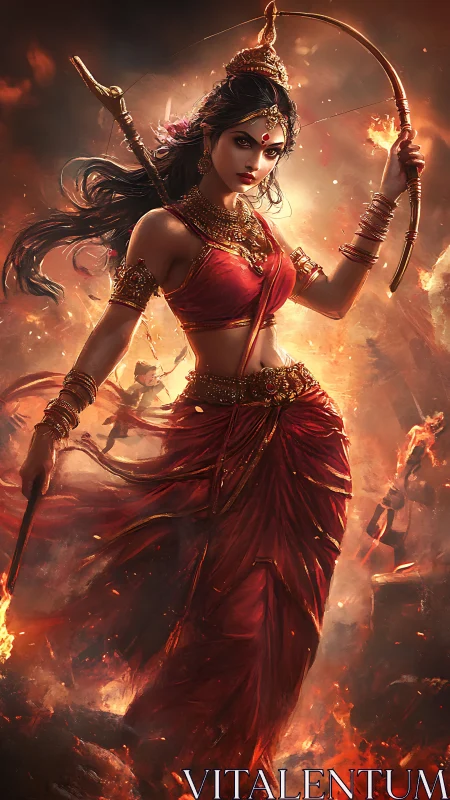 Blazing warrior goddess strides through a storm of sacred fire.