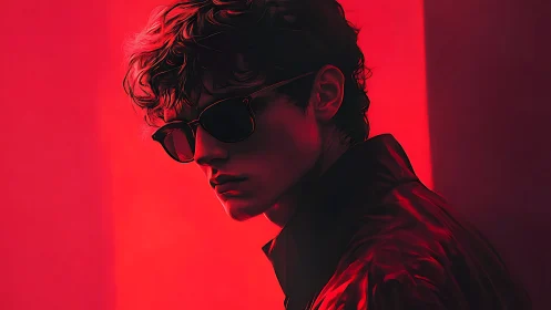 Man in sunglasses turns in harsh red directional lighting