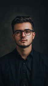Confident young man in glasses poses against dark backdrop.