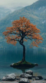 Solitary autumn tree rising from still mountain lake.