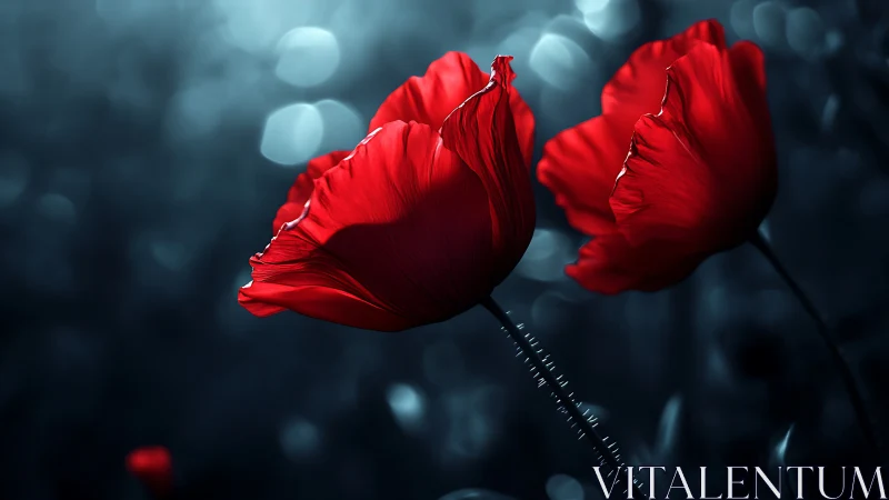 Vivid Red Poppies Against Moody Blue Bokeh Background