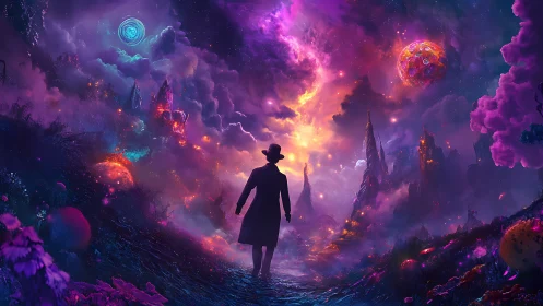 Silhouetted figure in luminous alien landscape at twilight.