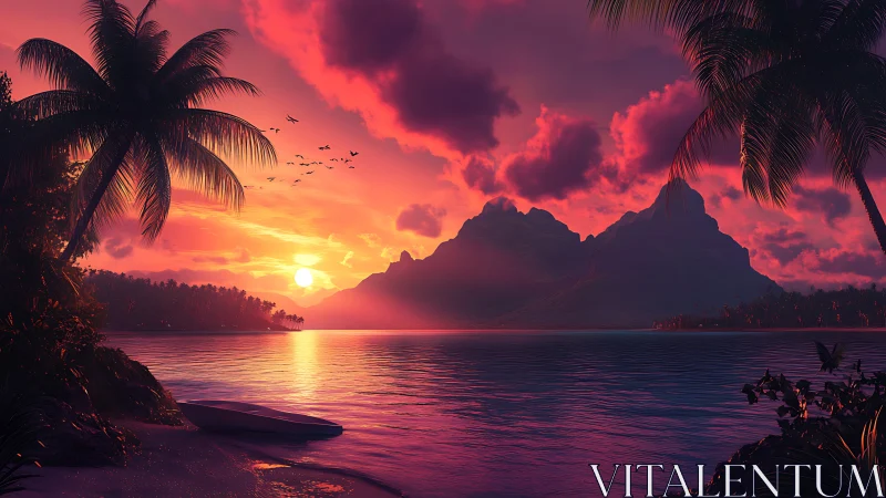 Tropical lagoon sunset renders saturated atmospheric depth