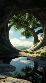 Arched ancient trees frame reflective pool in cinematic daylight