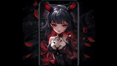 Dark crimson anime succubus framed within smartphone screen.