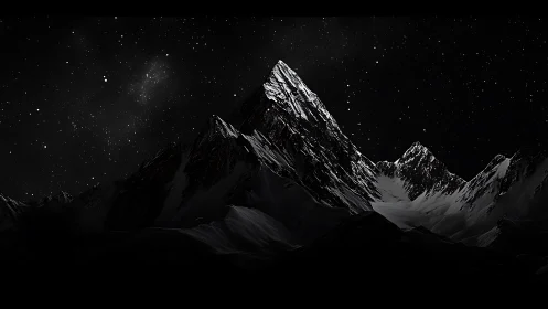 Starlit jagged mountain ridge under deep black sky.