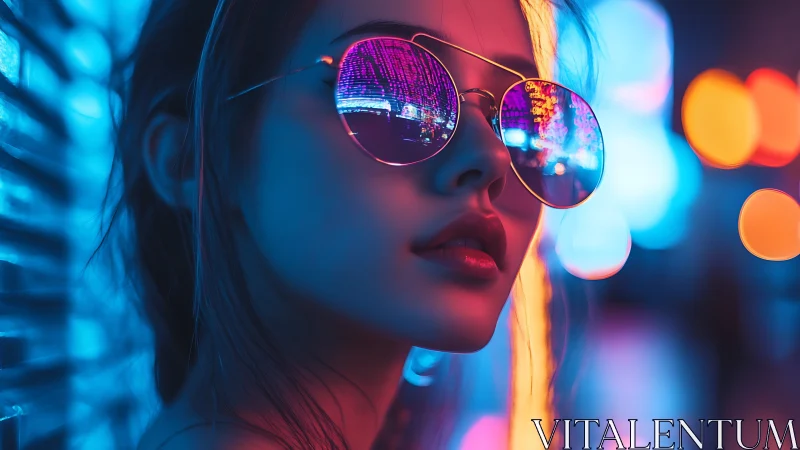 Portrait shows reflective sunglasses in neon urban lighting
