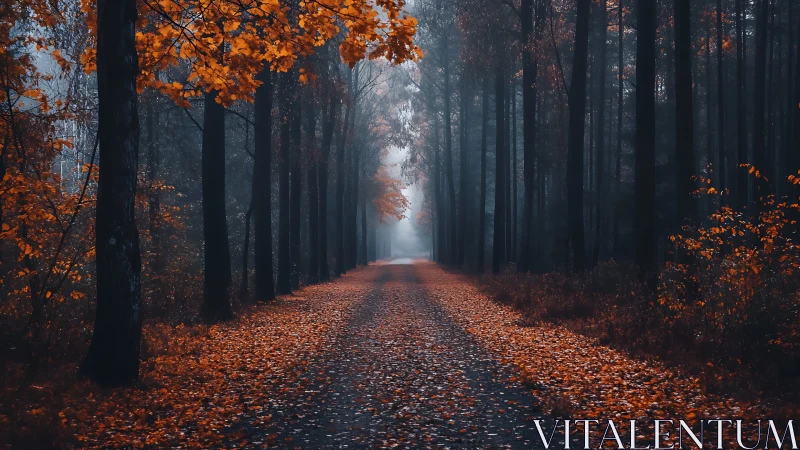 Autumn Forest Avenue Path Through Tall Trees.