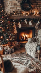Cozy holiday hearth glows beside a warmly lit Christmas tree