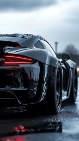 Rear view shows wet black sports car with illuminated lights