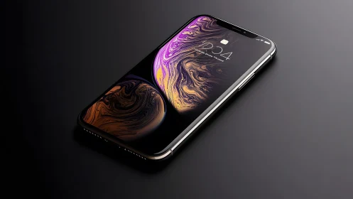 Modern smartphone with vivid abstract wallpaper on dark surface.