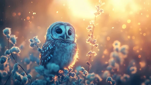 Dreamy Owl in Sunlit Meadow, Soft Focus Wildlife Art.