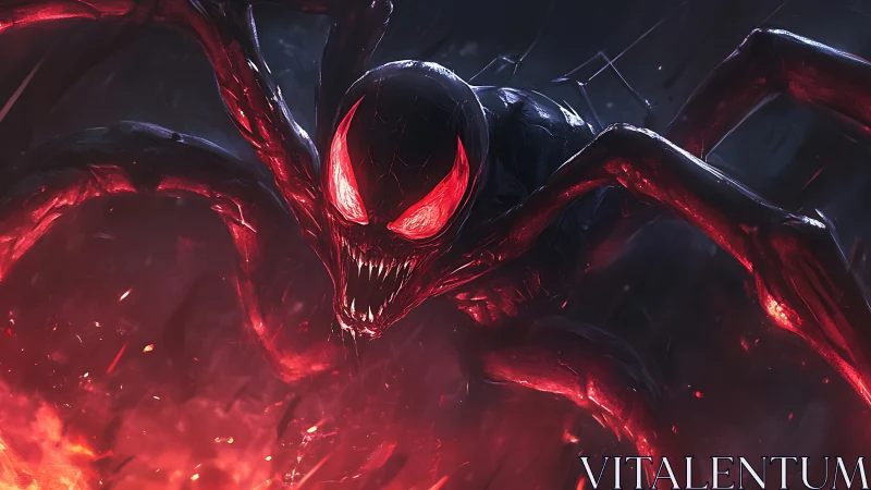 Fierce red-eyed spider creature rising from swirling fire.