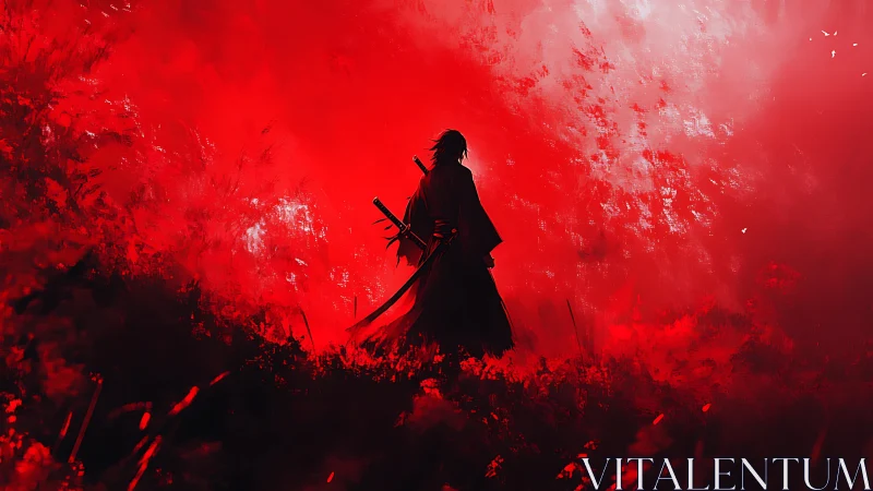 Lone samurai carves silence into a storm of crimson light