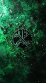 Emerald nebular field encircles engraved circular sigil emblem